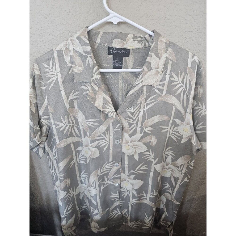 Karen Arnold Gray Tan Hawaiian Shirt 100% Silk Short Sleeve Women's Large